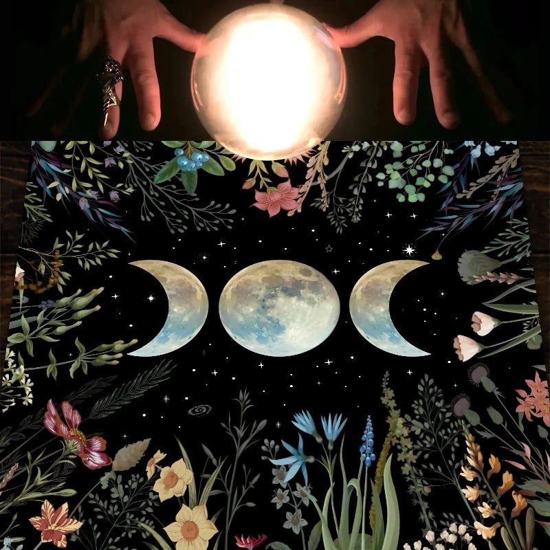 🔮 Moon Phase Garden Tarot Tablecloth – Mystical Triple Moon Altar Cloth for Divination, Witchcraft & Horoscope Rituals