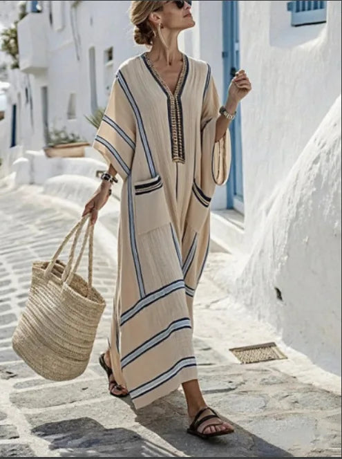👗 Casual Retro Striped Print Holiday Dress – Boho Beach Style Long Dress with Flare Sleeves and V-Neck Button Design for Women Clear