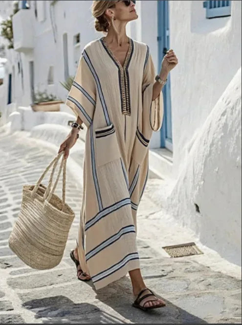 Casual Retro Striped Dress - Boho Beach Style Long Dress with Flare Sleeves and V-Neck Button Design for Women Clear