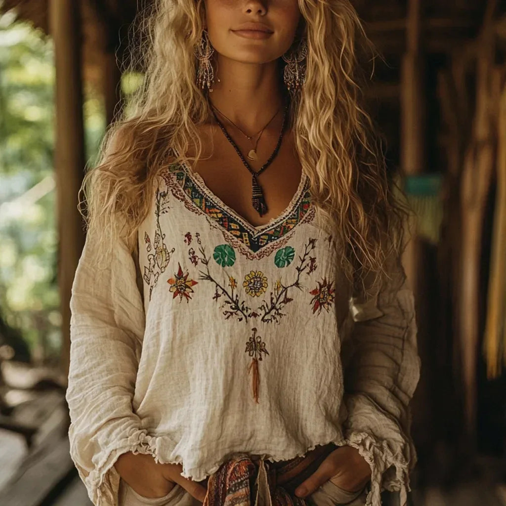 👚 Women’s V-Neck Ethnic Style Long-Sleeved Top – Bohemian Retro Print Casual Blouse for Autumn Beige