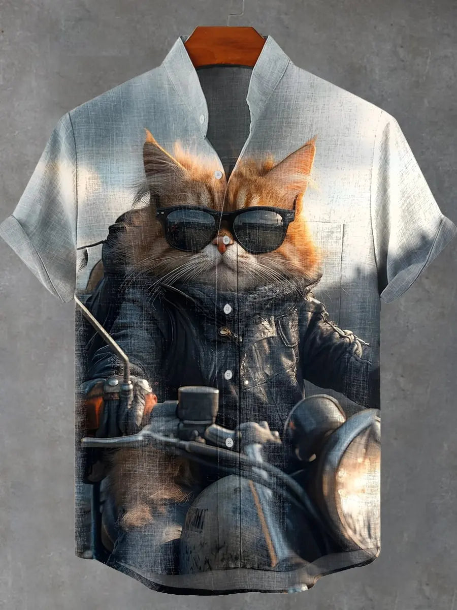 🎨 The Vintage Feline Art Edition: Premium Men’s Summer Shirt – High-Definition Floral & Cat Graphic Print, Breathable Quick-Dry Fabric, and Sophisticated Retro-Style Casual Button-Down HY473