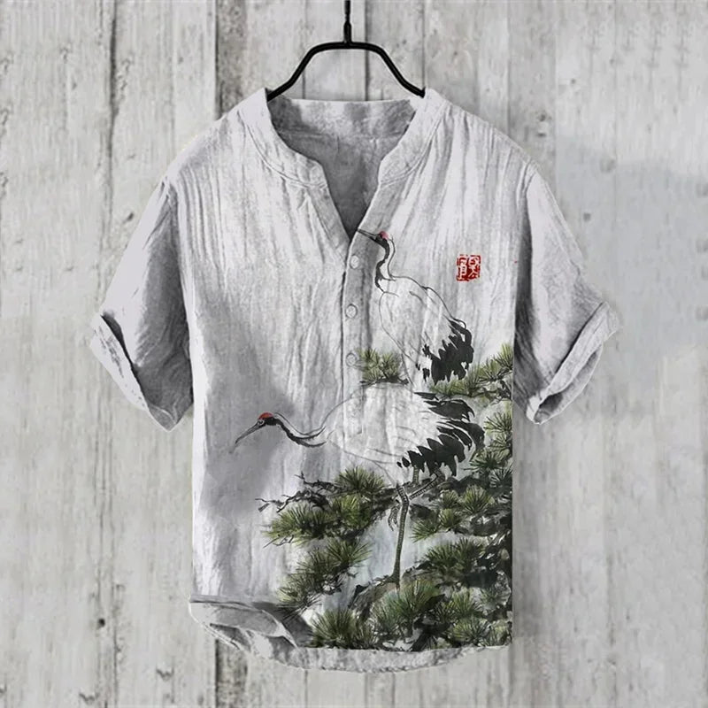 🖌️ The Zen Ink Artisan: Premium 2026 Men’s 3D Japanese Landscape Shirt – High-Definition Bamboo, Bird & Koi Ink-Wash Print, Breathable Wrinkle-Resistant Hybrid, and Sophisticated Henry V-Neck Casual Button-Down HTY910