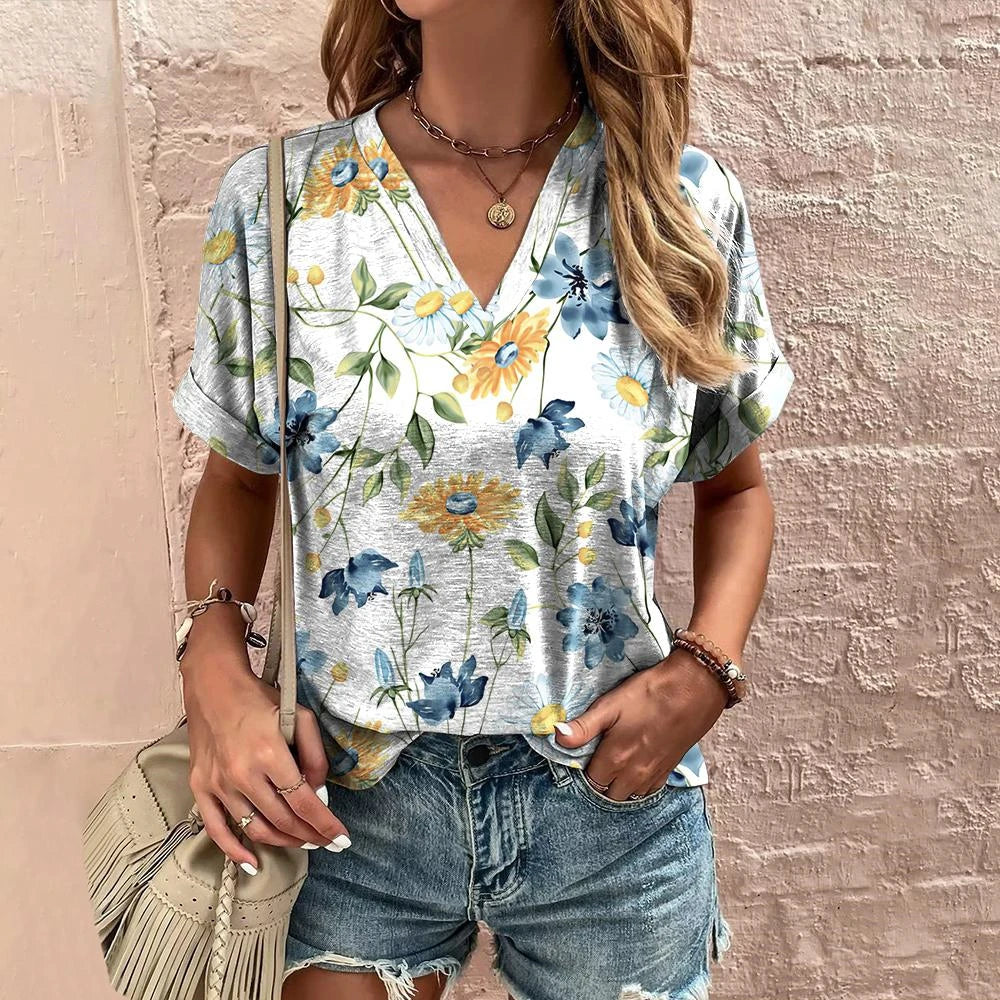 👚 Retro Women’s T-Shirt – Floral Print, Short Sleeve, V-Neck Harajuku Style Casual Blouse