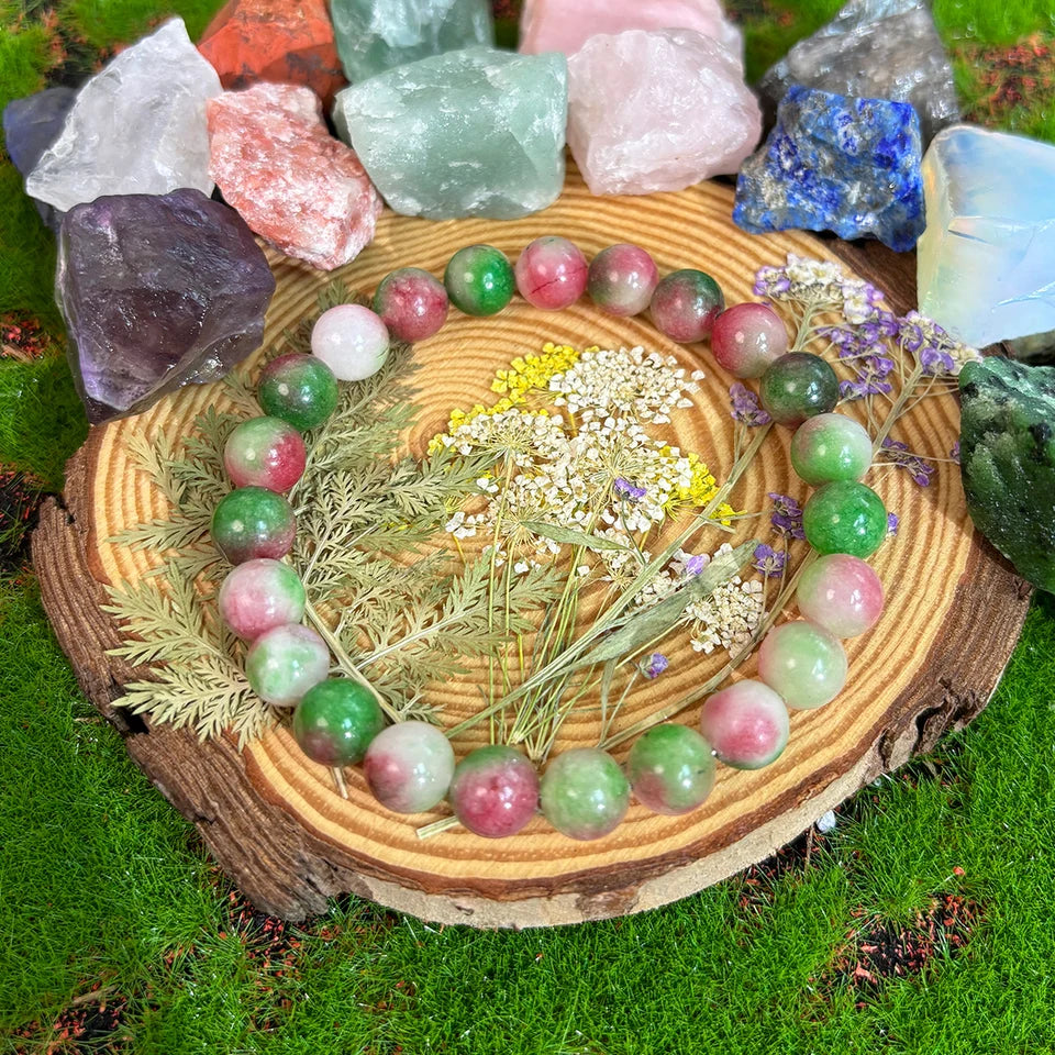 ✨ Bohemian Wishing Stone Bracelet – Watermelon Tourmaline Beaded Stretch Bracelet – Ideal Crystal Jewelry Gift