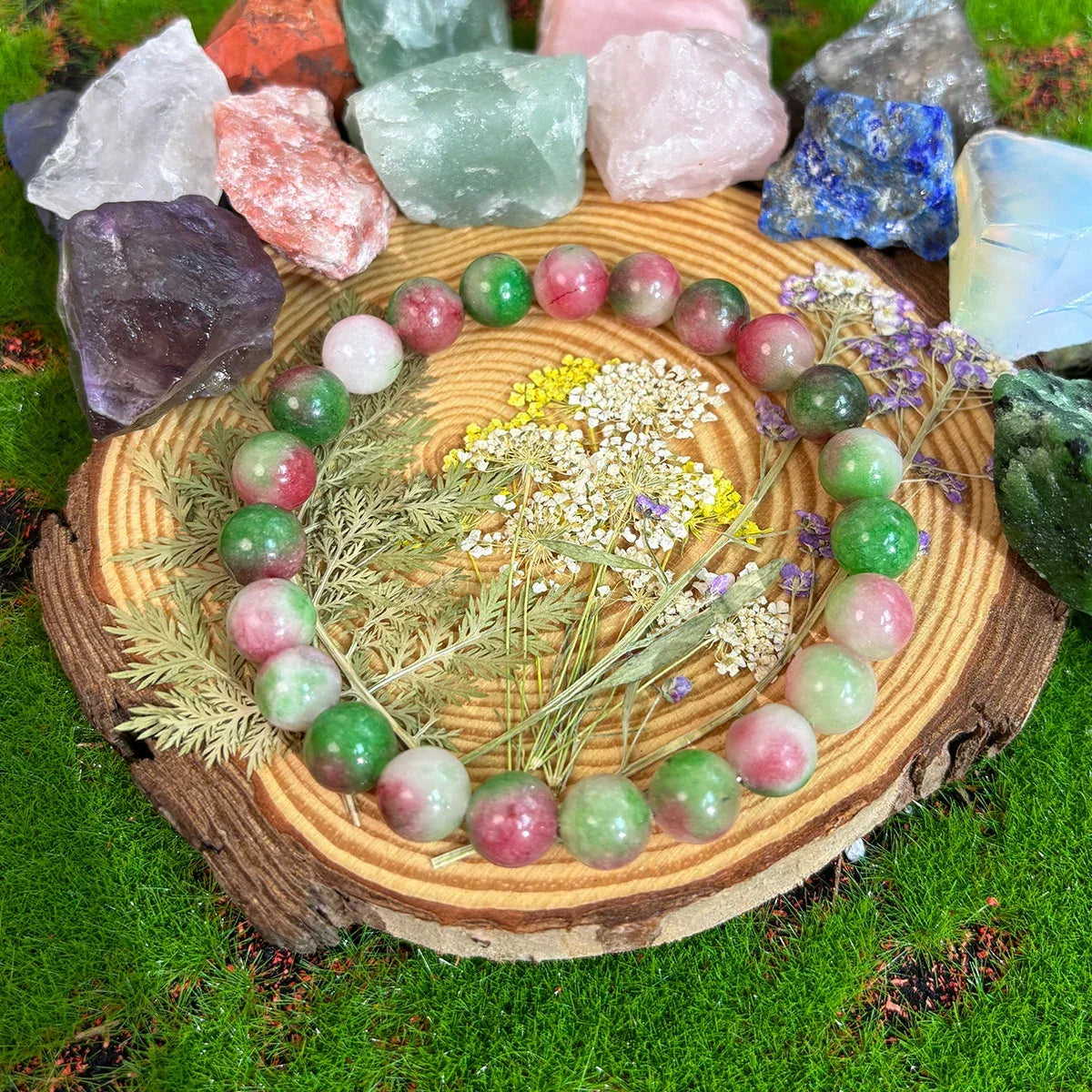✨ Bohemian Wishing Stone Bracelet – Watermelon Tourmaline Beaded Stretch Bracelet – Ideal Crystal Jewelry Gift