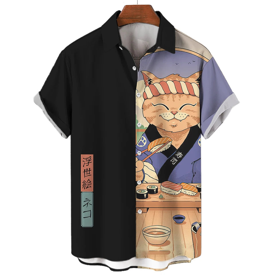 🐱⚔️The Samurai Neko Edition Premium Unisex 3D Printed Japanese Samurai Cat Shirt - High-Definition Bushido Feline Graphic Quick-Dry Hawaiian Beach Shirt, Breathable Urban-Streetwear Short-Sleeve Casual Apparel
