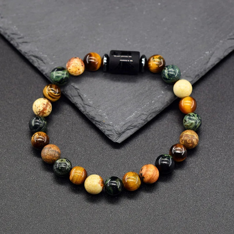 ✨ 12 Zodiac Constellation Sign Bracelet – Real Natural Tiger Eye Stone Bead – Leo & Taurus Charm Couple Jewelry for Men & Women