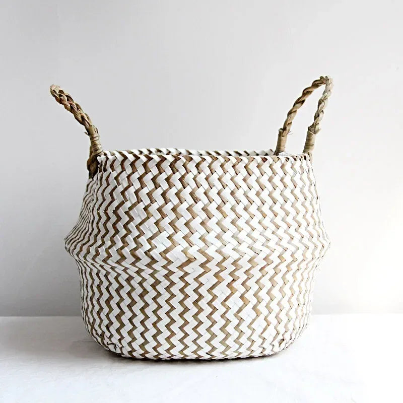 Handmade Boho Striped Wicker Storage Baskets – Collapsible Laundry & Garden Flower Pot Baskets with Patchwork Design white and brown