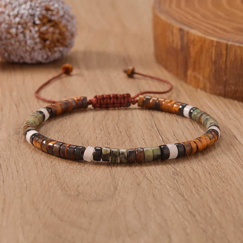 ✨ Natural Stone Beaded Woven Bracelet – Tiger’s Eye & Obsidian – Adjustable Unisex Couple Jewelry with Encouragement Blessing Card