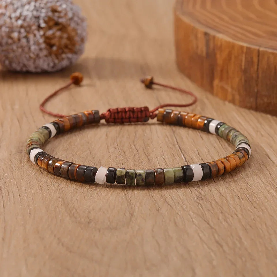 ✨ Natural Stone Beaded Woven Bracelet – Tiger’s Eye & Obsidian – Adjustable Unisex Couple Jewelry with Encouragement Blessing Card