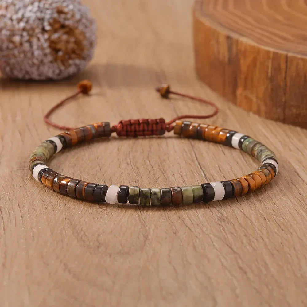 ✨ Natural Stone Beaded Woven Bracelet – Tiger’s Eye & Obsidian – Adjustable Unisex Couple Jewelry with Encouragement Blessing Card