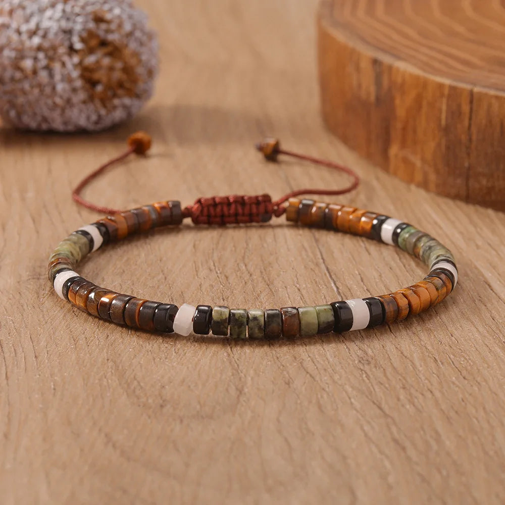 ✨ Natural Stone Beaded Woven Bracelet – Tiger’s Eye & Obsidian – Adjustable Unisex Couple Jewelry with Encouragement Blessing Card