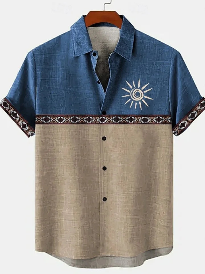 🌍 The Ethno-Vintage Heritage Shirt: Premium Men’s Organic Linen Hawaiian Top – High-Definition Tribal Artistic Print, Breathable Short-Sleeve Casual Button-Down, and Sophisticated Street-Style Silhouette