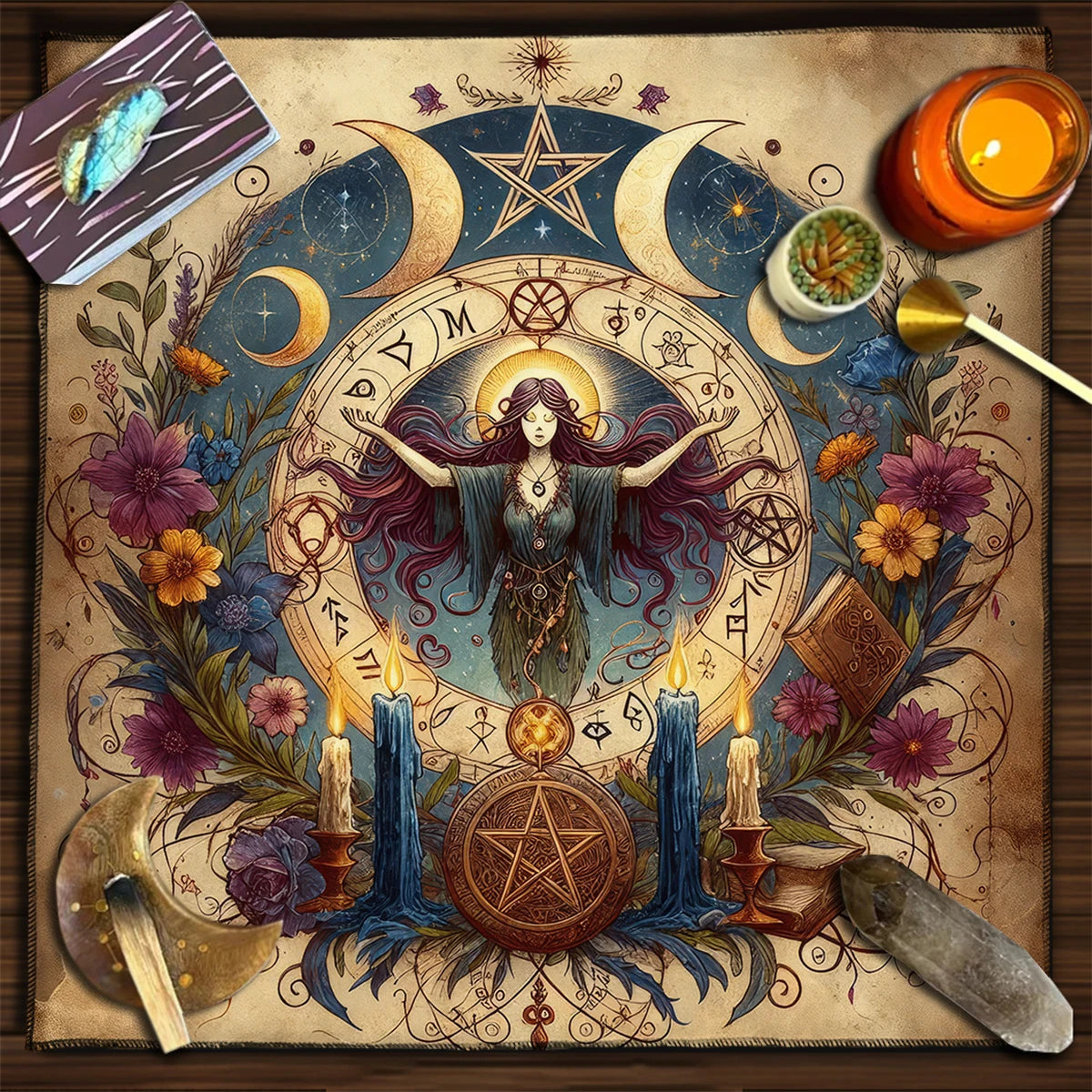 🌙 Retro Witch Altar Cloth – Tarot Tablecloth with Moon, Stars & Candles Design | Witchcraft Altar Decor with Flowers and Plants Motif