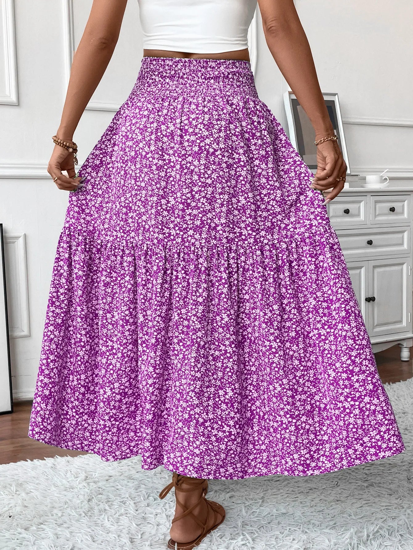 🌟 Women New Classic Printed Skirt Retro High Waist Long Skirt Casual Stylish Loose Beach Skirt Elegant Ladies Floral Pleated Skirt﻿