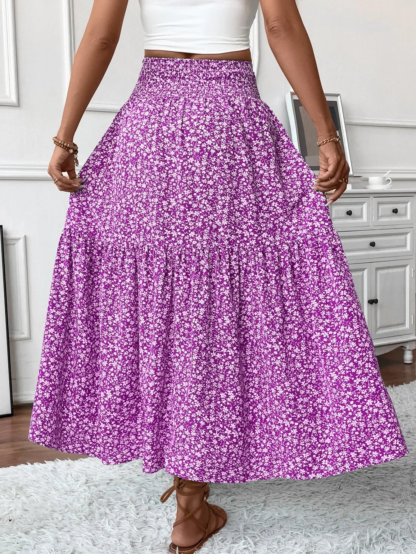 Women Floral Pleated Skirt – Retro High Waist Long Skirt for Stylish Casual Beach Wear