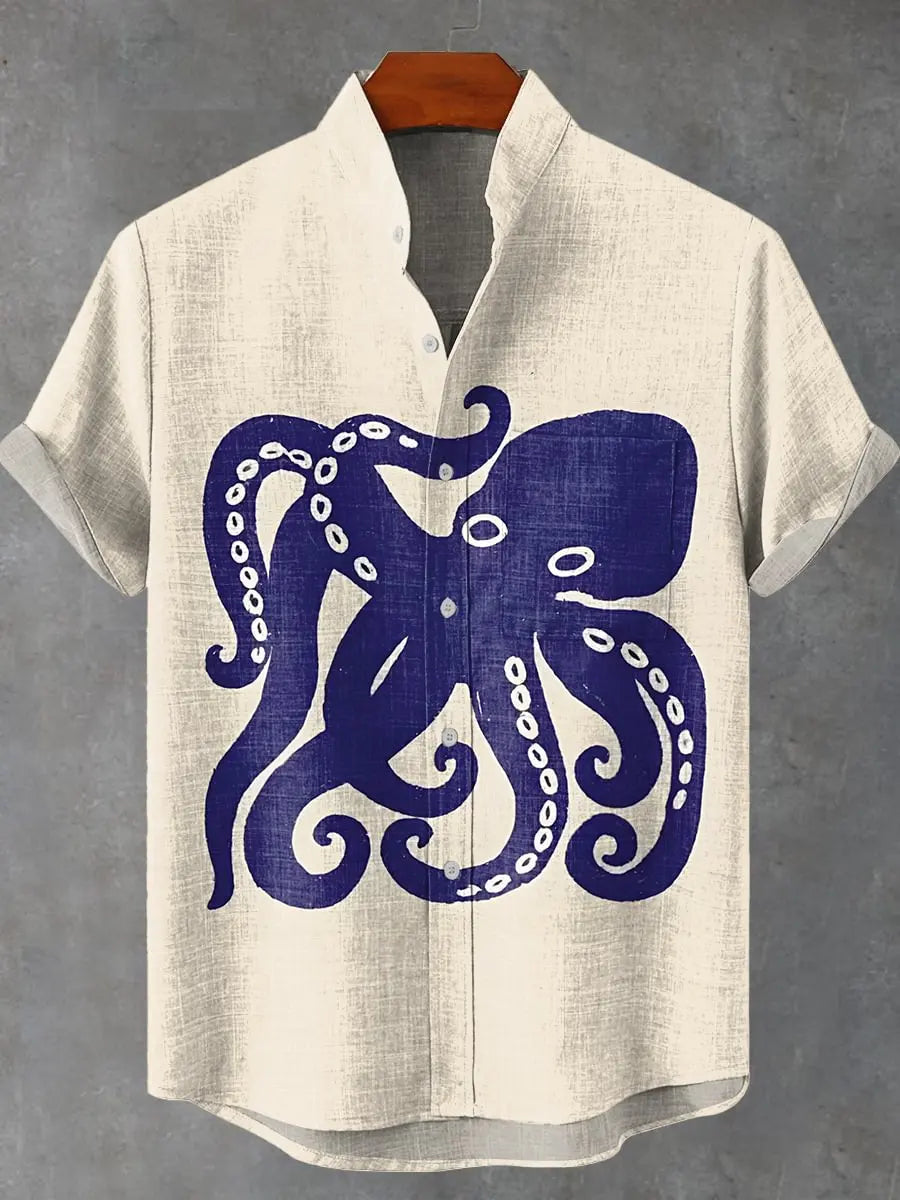 🐙 The Abyssal Kraken Art Edition: Premium Men’s Organic Linen Shirt – High-Definition Deep Sea Giant Octopus Print, Breathable Short-Sleeve Casual Button-Down, and Sophisticated Nautical Graphic Top