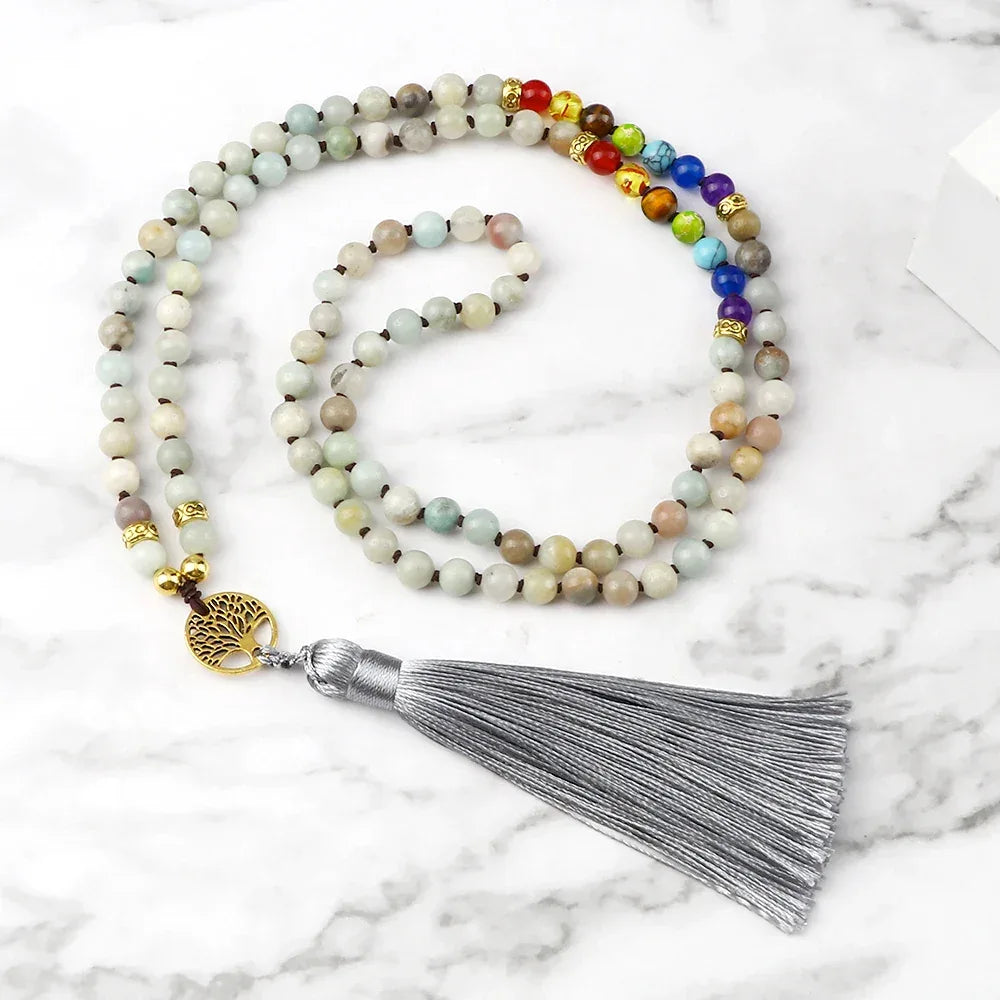 🐯 Tiger Eye & Black Onyx 108 Mala Necklace with Tree of Life Pendant – 7 Chakra Healing Crystal Beads & Protection Rosary Jewelry for Men & Women Amazonite