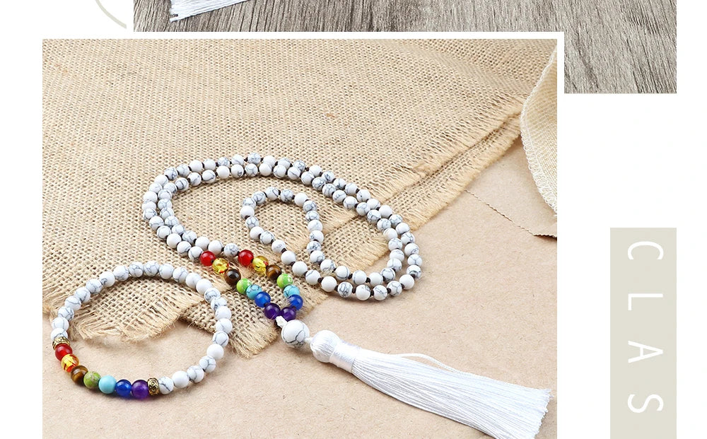 📿 108 Bead Howlite Japamala & 7 Chakra Bracelet Set: 6mm Hand-Knotted Mala Necklace – Calming Stone for Yoga Meditation & Anxiety Relief