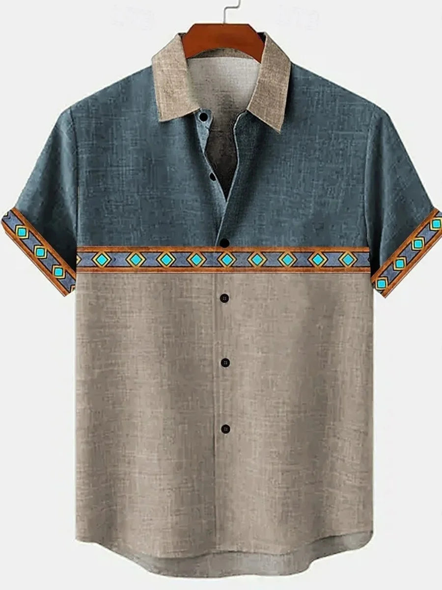 🌍 The Ethno-Vintage Heritage Shirt: Premium Men’s Organic Linen Hawaiian Top – High-Definition Tribal Artistic Print, Breathable Short-Sleeve Casual Button-Down, and Sophisticated Street-Style Silhouette ZT255