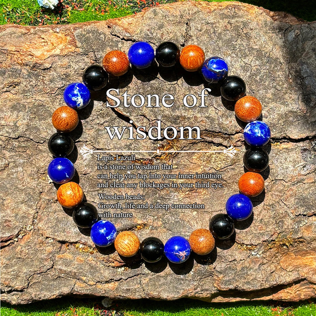 ✨ Wisdom and Life Bracelet – Handmade Lapis Lazuli and Wood Beads – Homeopathic Healing Jewelry for Men and Women