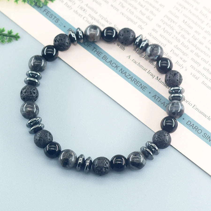 ✨ Classic Black Natural Labradorite & Volcanic Stone Beads Bracelet – Unisex Spiritual Protection and Energetic Balance Jewelry