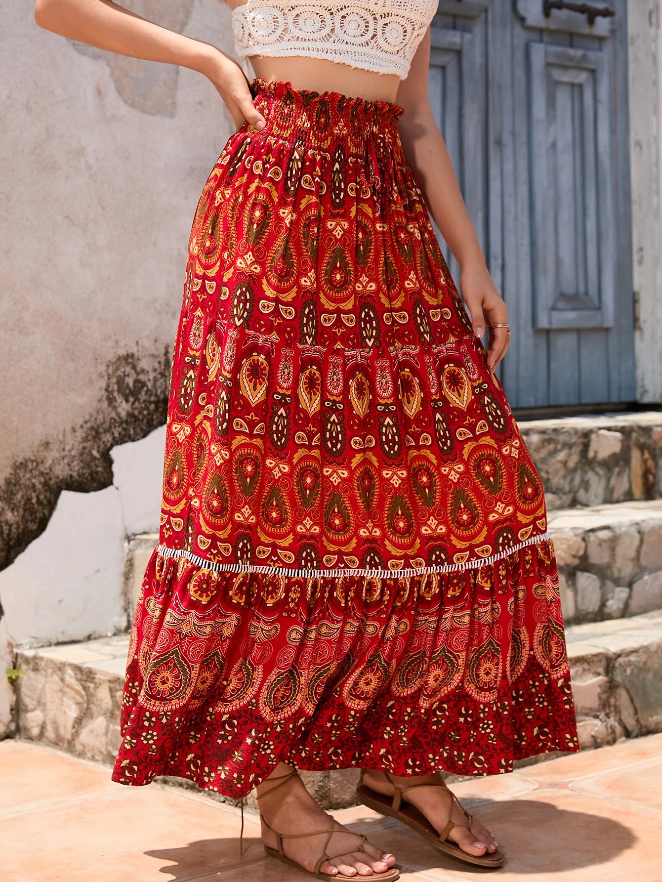🛍️ Bohemian Printed Skirt – Ethnic Splicing A-Line Long Skirt for Women’s Holiday and Beach Travel