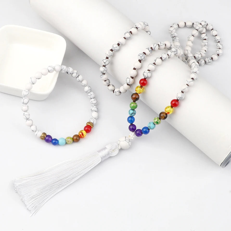 📿 108 Bead Howlite Japamala & 7 Chakra Bracelet Set: 6mm Hand-Knotted Mala Necklace – Calming Stone for Yoga Meditation & Anxiety Relief