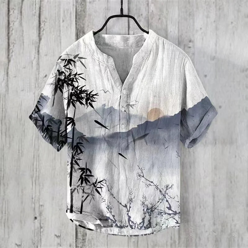 ⛩️ The Zen Crane Heritage: Premium Men’s 100% Pure Organic Linen Shirt – High-Definition Oriental Landscape Art Print, Sophisticated V-Neck Cut, and Plus Size (Up to 6XL) Luxury Casual Button-Down