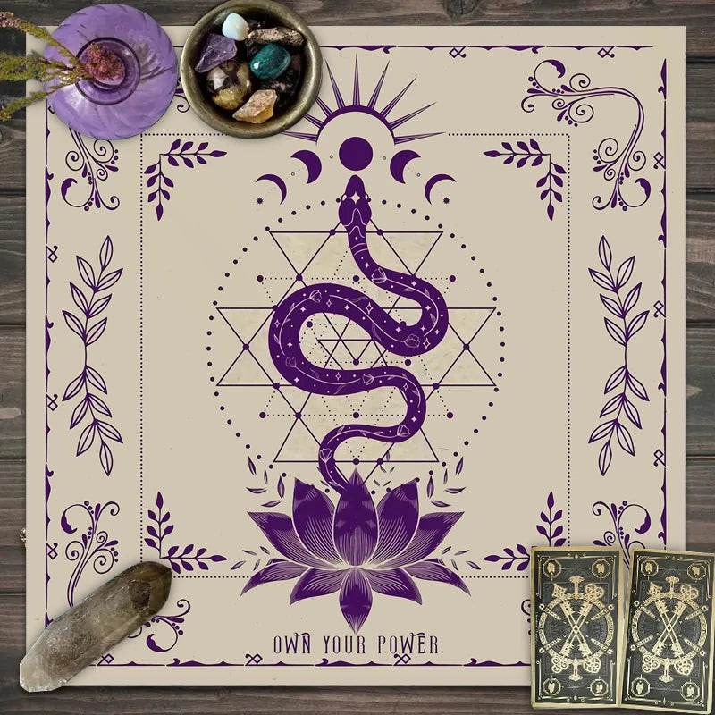 Purple snake and lotus design astrology tarot tablecloth with moon phases crystals and tarot cards