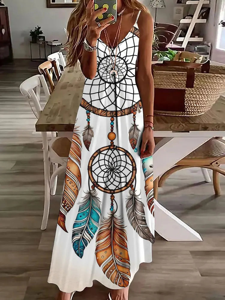 2024 New 3D Owl Vintage Print Dress for Women – Sleeveless Long Tribal Pattern Spaghetti Strap Summer Vest Dress BDQLTH24874559