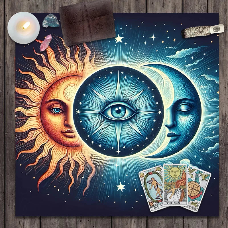 🃏VIKAMA Sun & Moon Tarot Tablecloth – Black Floral Altar Cloth for Tarot Divination, Meditation & Holiday Spiritual Decor