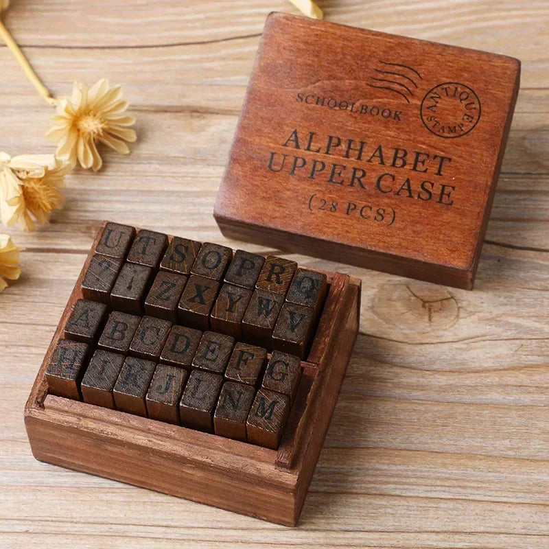 🔤 Wooden Alphabet Letter Stamps Set – Vintage Uppercase & Lowercase Rubber Stamps with DIY Self Ink Pad | Perfect for Diary, Album, Handmade Art & Craft 28pcs Uppercase