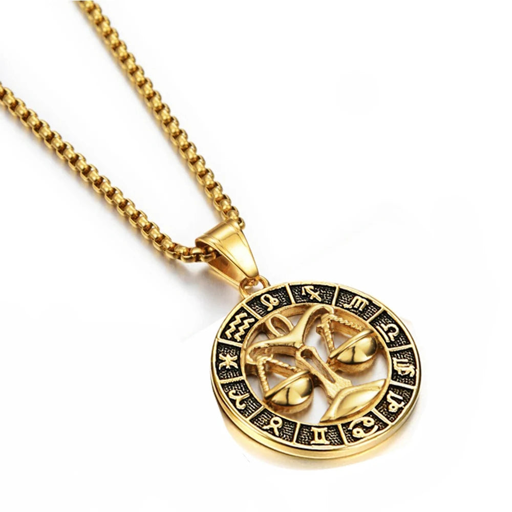 ♌♏ Zodiac Sign Leo Scorpio Pendant Necklace – Gold Color Stainless Steel Round 12 Constellation Design Unisex Astrology Jewelry Stylish Gift for Women and Men Libra Gold Color