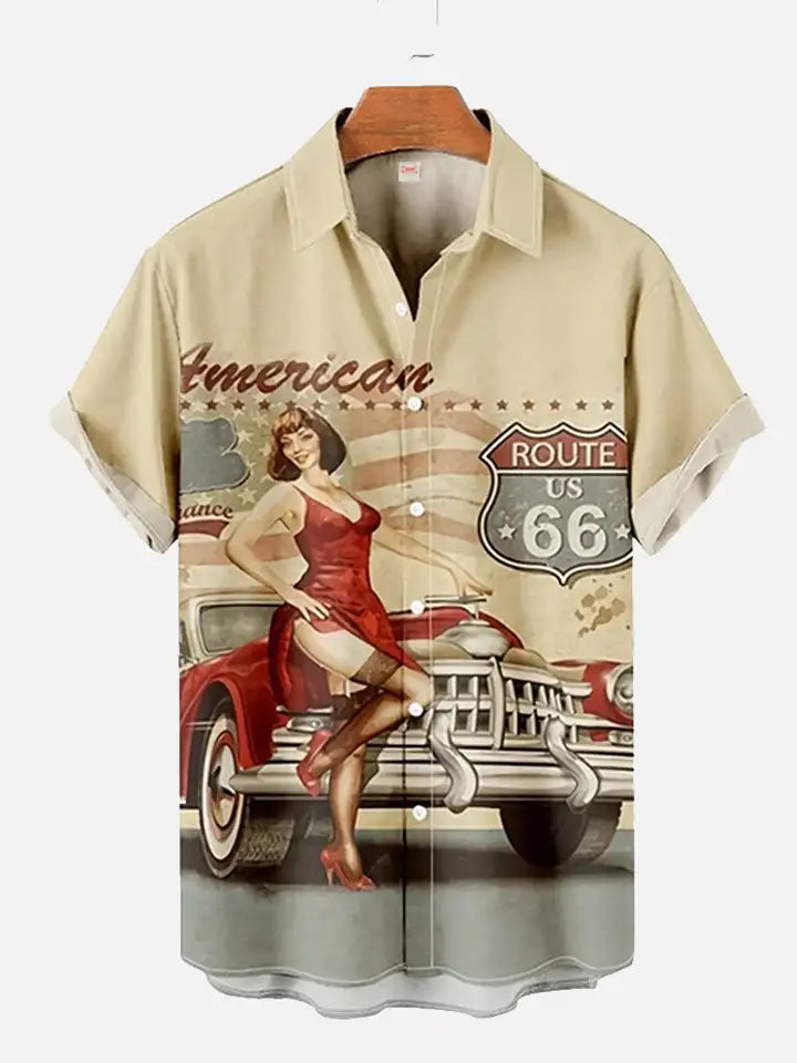 🎸 The Golden Era Edition: Premium Men’s 1970s-1980s Retro Pin-Up Hawaiian Shirt – High-Definition Vintage Poster Graphic, Classic Muscle Car & Cowgirl Aesthetic, Breathable Harajuku Streetwear, and Sophisticated Urban-Holiday Short-Sleeve (S-5XL)