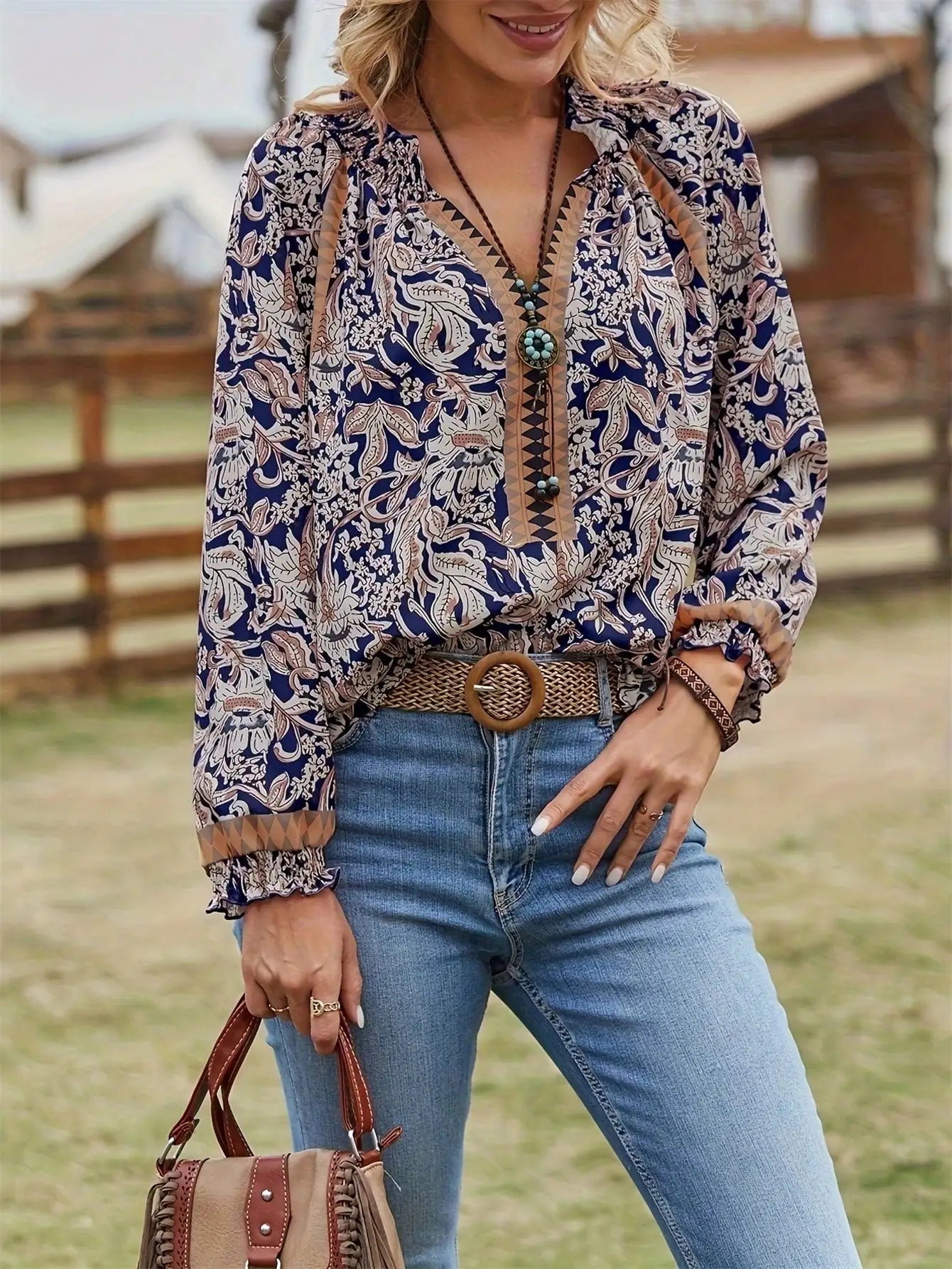 👚 Women’s Bohemian Print Long Sleeve Tunic Blouse – Tie Neck, Flounce Sleeves, Navy Blue Navy Blue