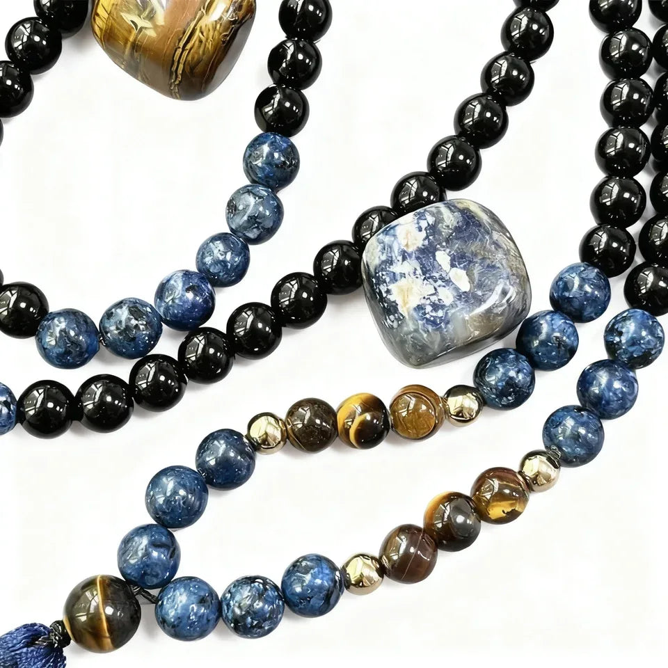 📿 The Warrior's Mala: 8mm Tiger Eye & Black Onyx 108 Bead Meditation Rosary