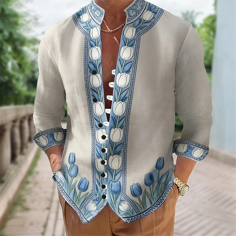 🎨 The Harajuku Multi-Dimension: Premium Men’s 3D Floral & Color-Block Long-Sleeve Shirt – High-Definition Digital Print, Avant-Garde Geometric Design, and Sophisticated Urban-Fit Streetwear Button-Down JZ423