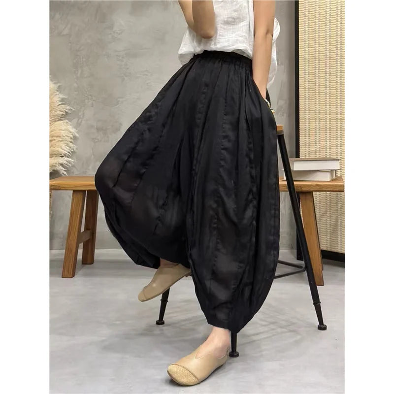 Women's Bohemian Bloomers Pants - Vintage Floral Cotton Linen Trousers for Stylish Summer and Autumn Fashion black