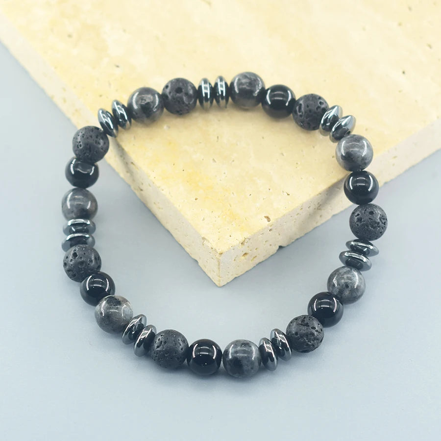 ✨ Classic Black Natural Labradorite & Volcanic Stone Beads Bracelet – Unisex Spiritual Protection and Energetic Balance Jewelry