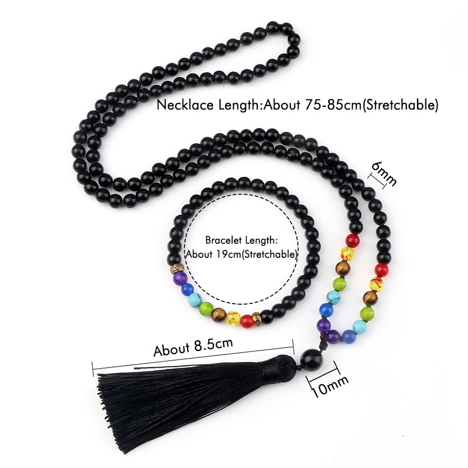 🌑 Black Onyx & 7 Chakra Mala: Shiny/Matte 108 Bead Necklace & Wrap Bracelet – Grounding, Protection & Anxiety Relief Meditation Rosary