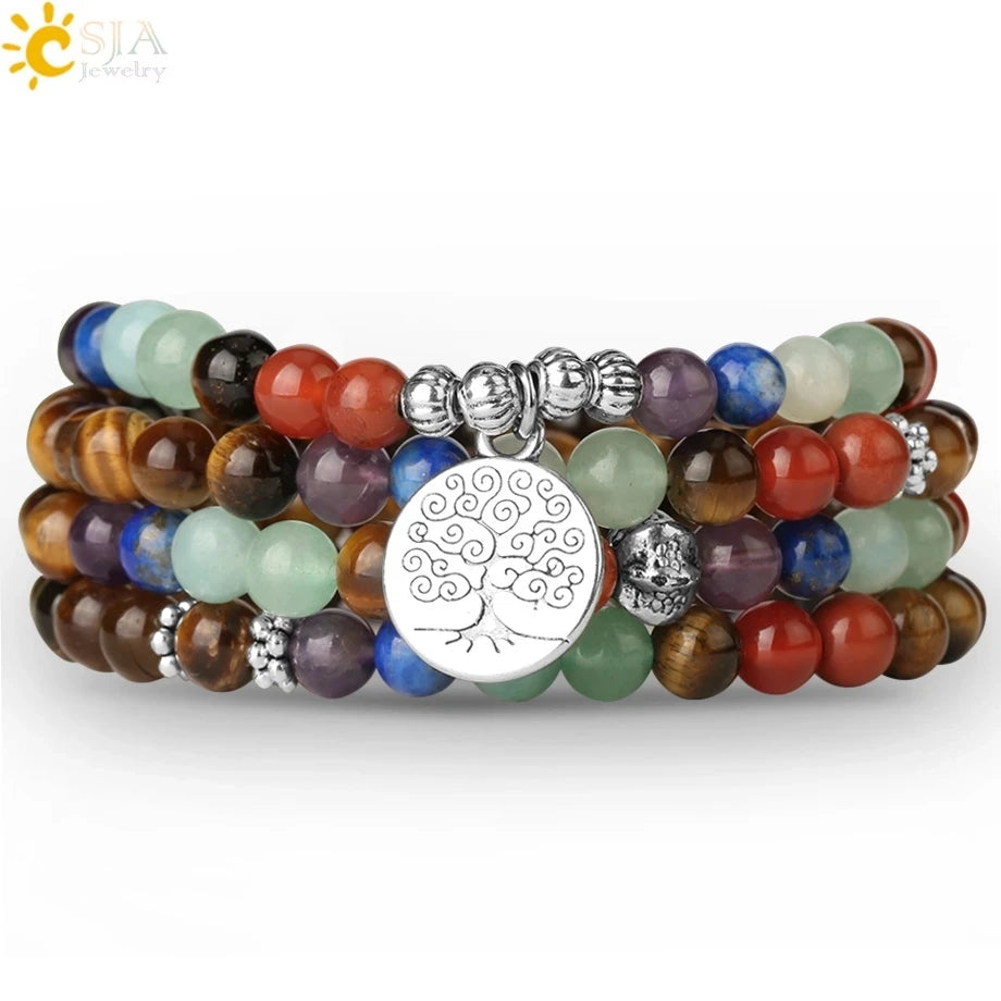 ✨ Tiger Eye 7 Chakras 108 Mala Bracelet – Natural Stone 6mm Beaded Tibetan Buddhist Yoga Jewelry
