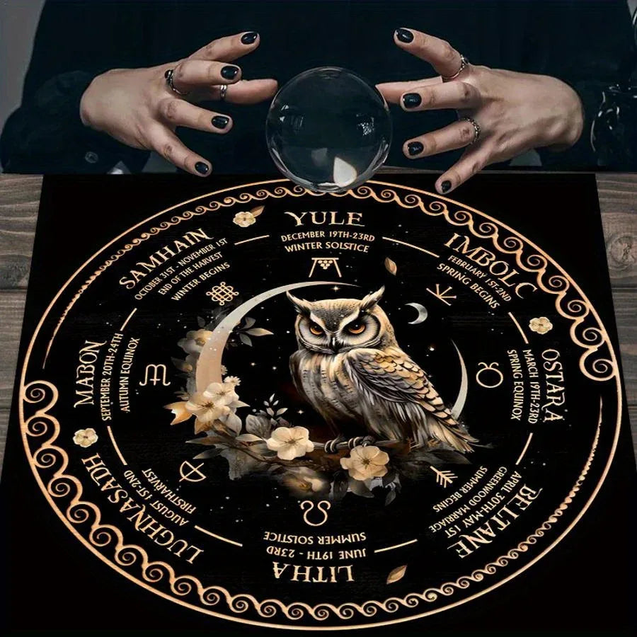 🦉Tarot Tablecloth | Astrology Wheel & Owl Design – Black Boho Witchcraft Dorm Decor with Sun and Moon Symbols