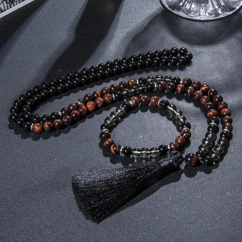 🔥 The "Ignite & Shield" Set: Red Tiger Eye & Black Onyx 108 Mala Necklace + Bracelet (Motivation & Protection)