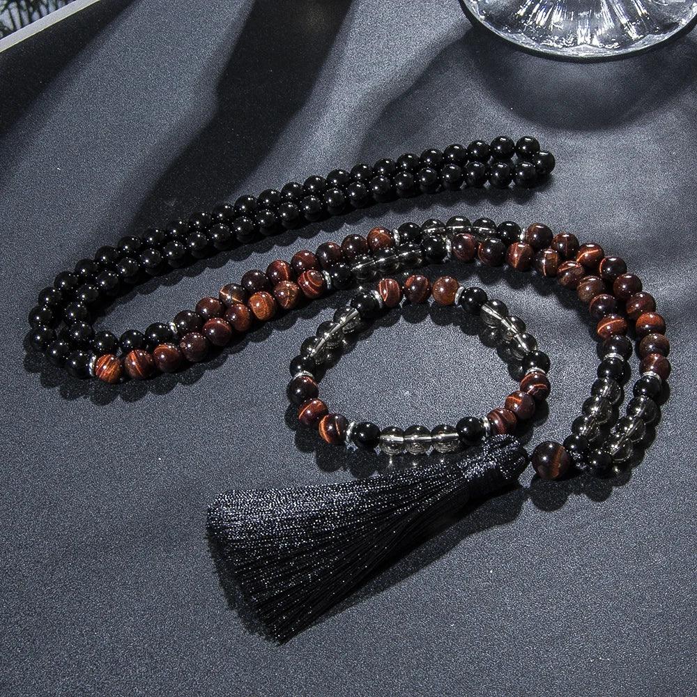 🔥 The "Ignite & Shield" Set: Red Tiger Eye & Black Onyx 108 Mala Necklace + Bracelet (Motivation & Protection)