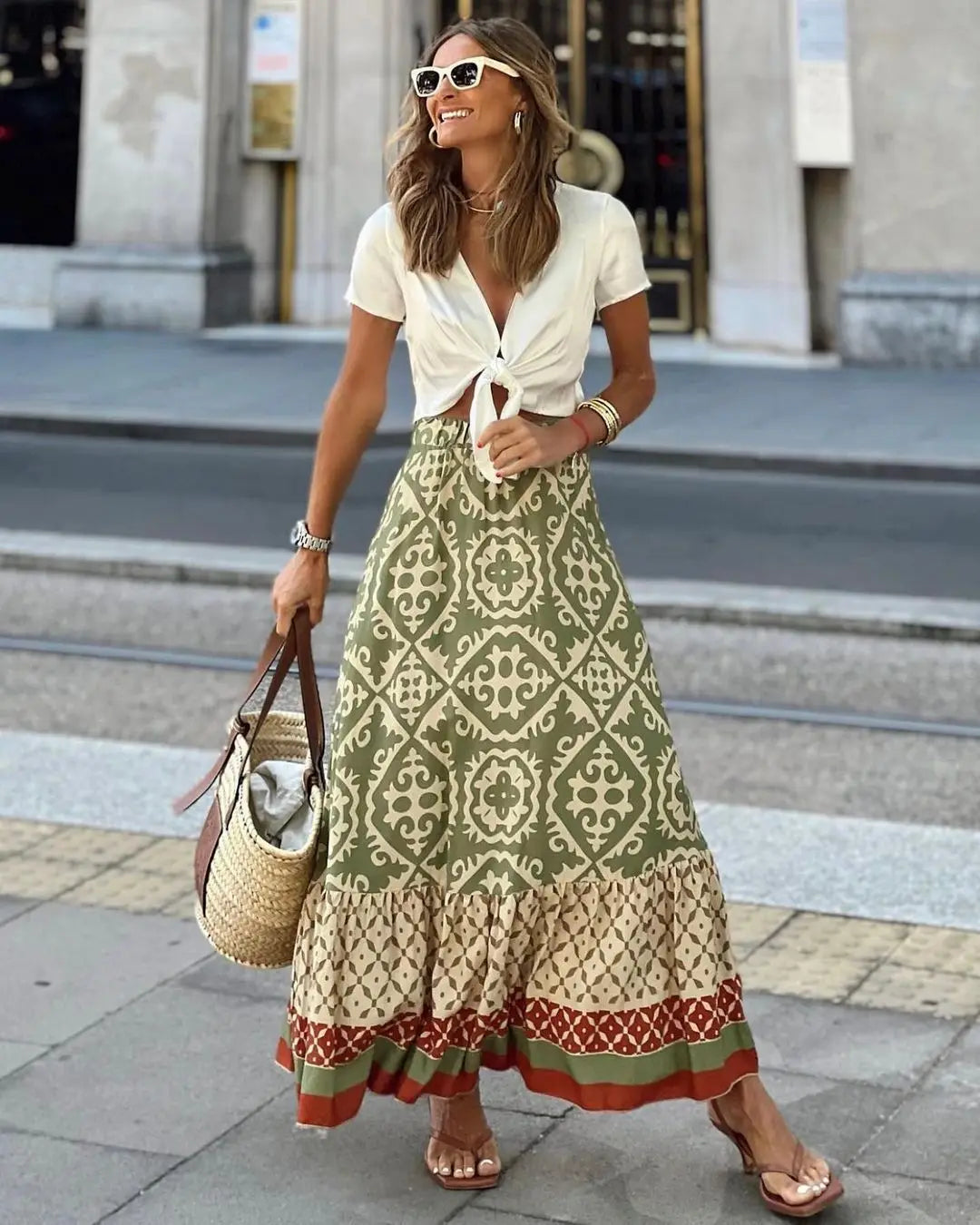🌟 Women's Large Swing Skirt European And American Foreign Trade Printed Loose Splicing Half Skirt﻿