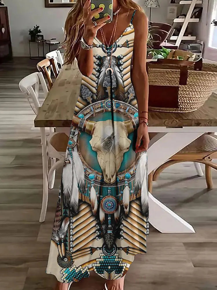 2024 New 3D Owl Vintage Print Dress for Women – Sleeveless Long Tribal Pattern Spaghetti Strap Summer Vest Dress BDQLTH24874557