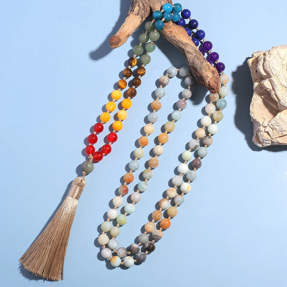 🌊 108 Bead Amazonite Mala Necklace: 8mm Knotted Prayer Beads with 7 Chakra Stones – "Stone of Hope" for Calming, Throat Chakra & Meditation