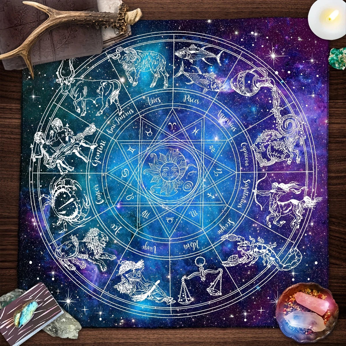 🃏 VIKAMA Zodiac Constellation Tarot Tablecloth & Coaster Set – Starry Divination Cloth for Reading Rooms, Astrology Altars & Card Protection