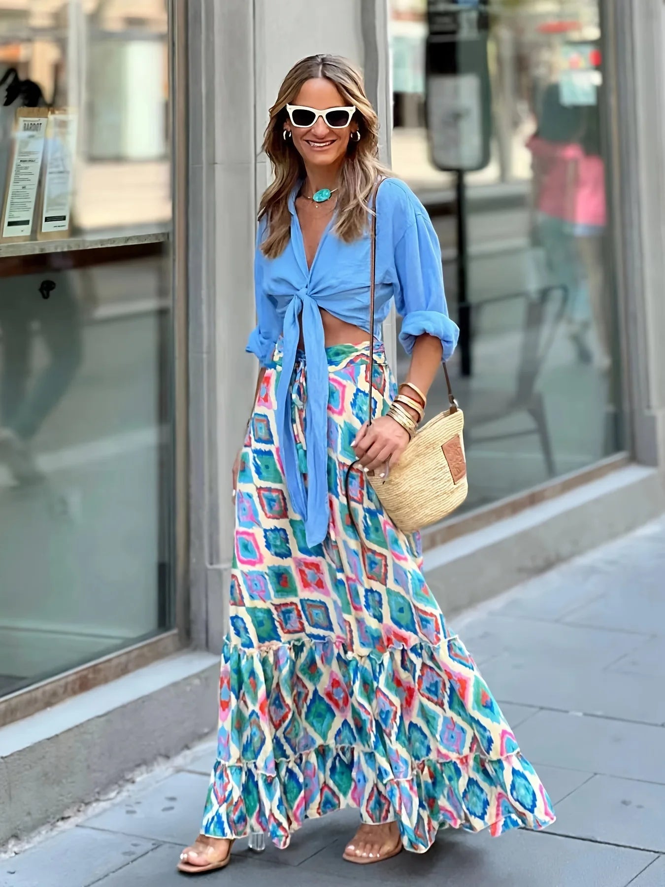 🌟 Elegant Women Green Print Elastic Waist Skirt Spring Summer Femme Patchwork Slim Skirt Streetwear Casual Ankle-Length Long Skirt Blue square